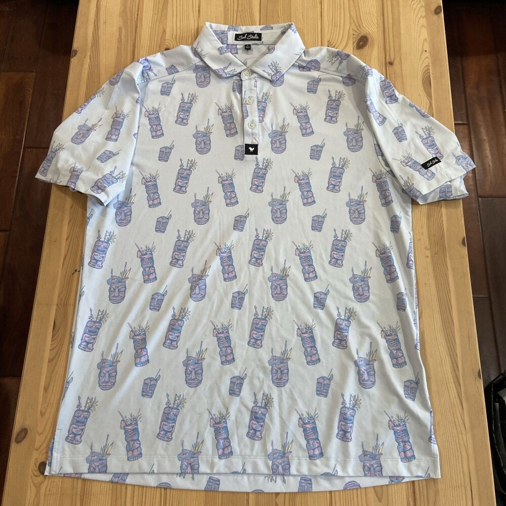 Bad Birdie Mens Polo Shirt White Short Sleeve Tiki Mug Print Hawaiian Size Large